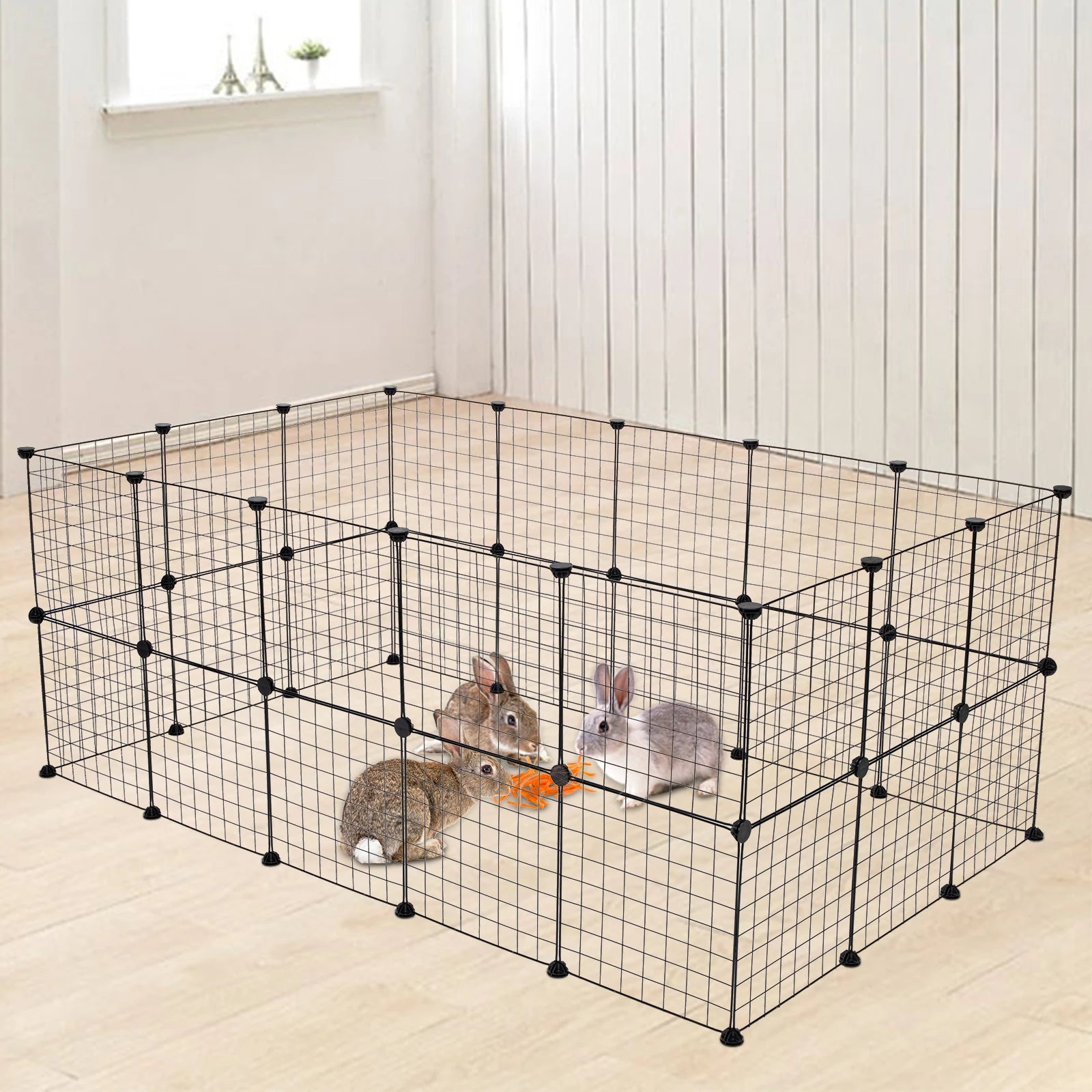Pet Playpen: 24pcs (8pcs Free) Portable Metal Wire Fence for Indoor Small Animal Cage/Tent (Black)