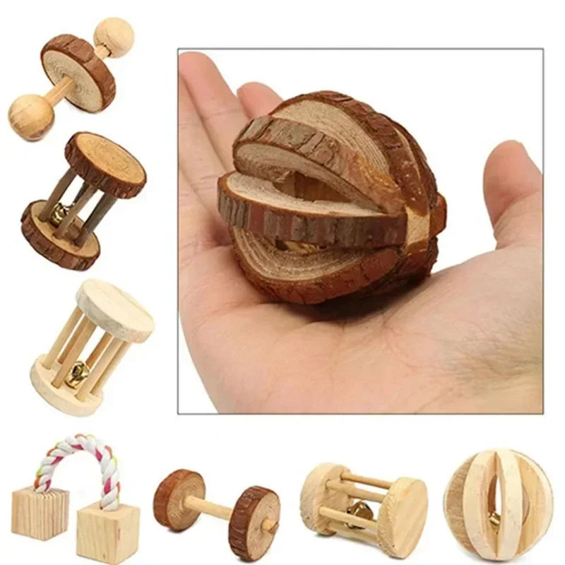 New Cute Rabbit Roller Toys Natural Wooden Pine Dumbells Unicycle Bell Chew Toys