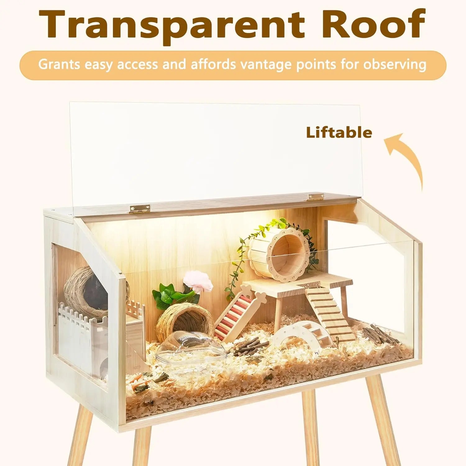 Spacious Hamster Cage with Legs, Chew-Proof Wooden Habitat, 40" L x 20" W x 47.6" H