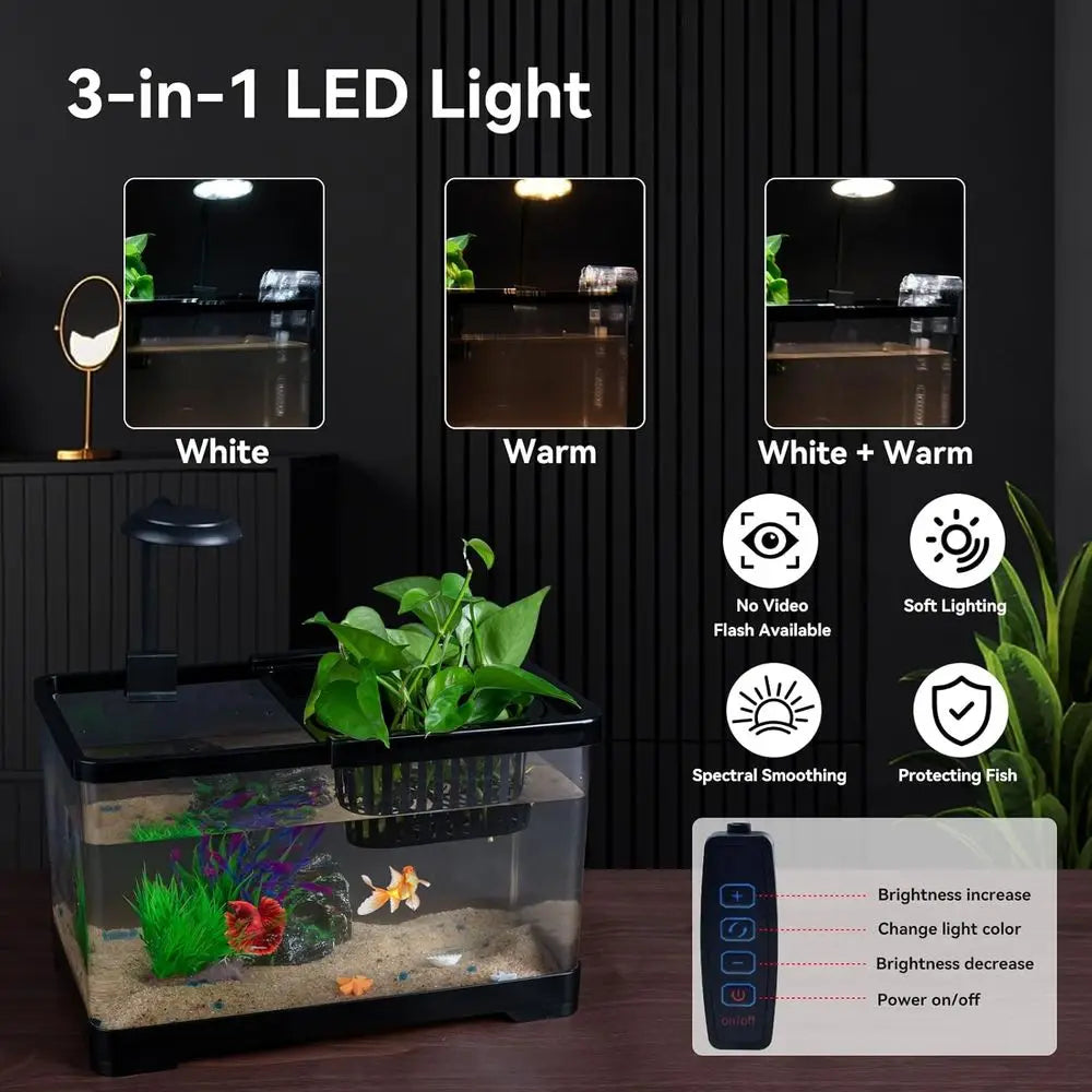 1.8 Gallon Aquarium Kit - Clear Small Fish Bowl Starter with LED Light, Water Filter Pump, Hydroponic Basket