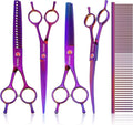Scissors Kit, 6-in-1 Professional Set with Straight, Thinning, Curved Shears & Comb for Dogs and Cats (Purple)