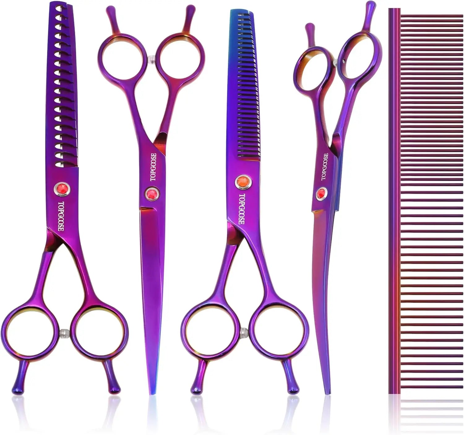 Scissors Kit, 6-in-1 Professional Set with Straight, Thinning, Curved Shears & Comb for Dogs and Cats (Purple)