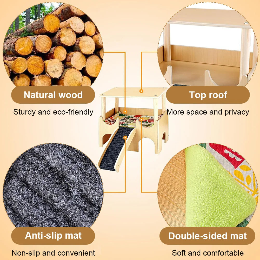 2-Tier Guinea Pig Castle Wooden House with Stairs Habitat Hut for Hamsters Bunny Chinchillas