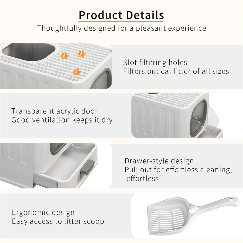 Cat Litter Box Tray Hood Covered Large Entrance Front and Top Access with Lid toilet Scoop