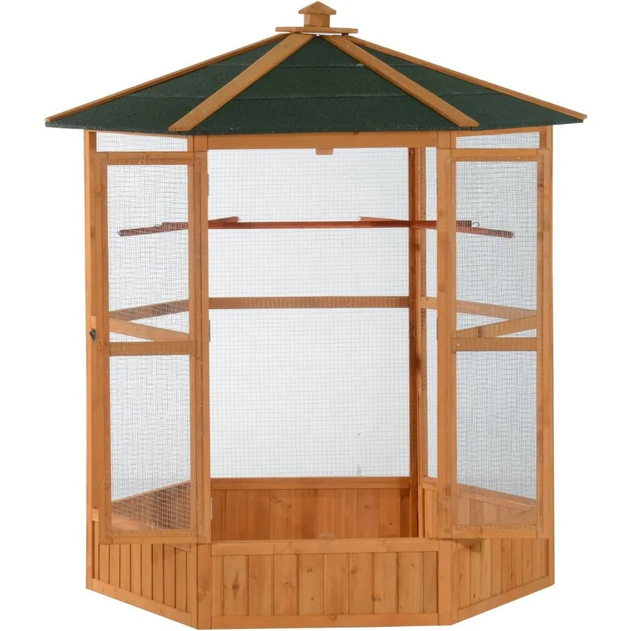 69 Large Wooden Hexagonal Outdoor Aviary Flight Bird Cage with Covered Roof Ideal for Backyard Bird Enthusiasts