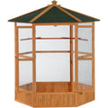 69 Large Wooden Hexagonal Outdoor Aviary Flight Bird Cage with Covered Roof Ideal for Backyard Bird Enthusiasts