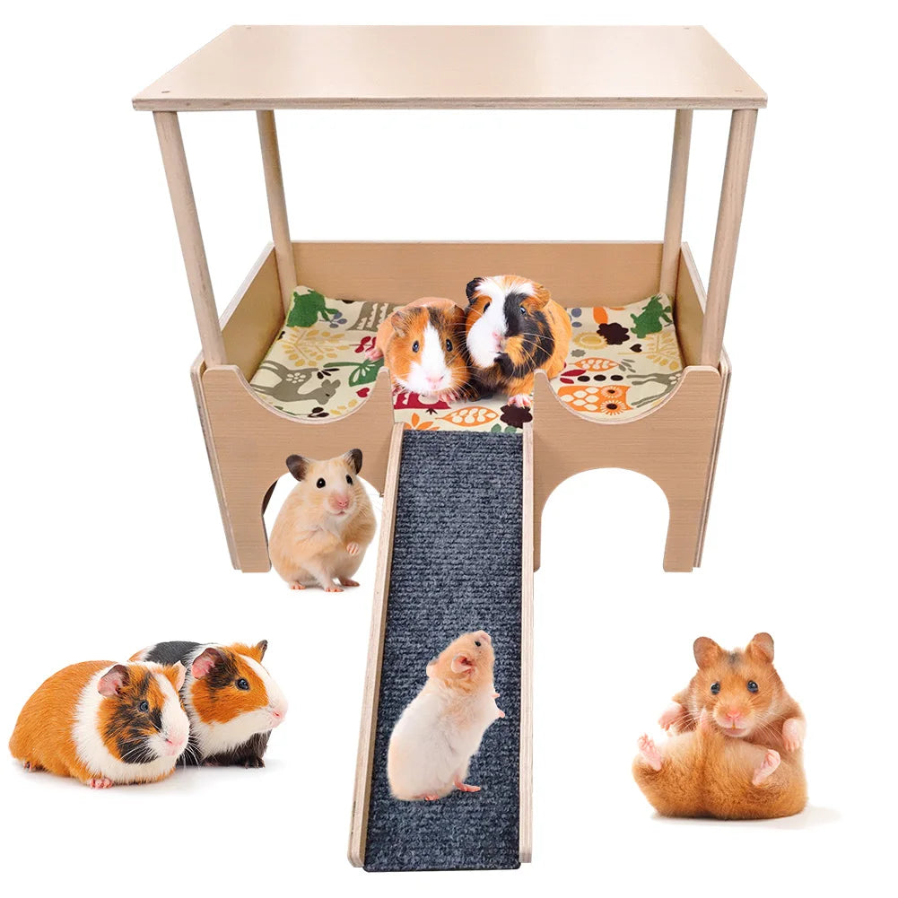2-Tier Guinea Pig Castle Wooden House with Stairs Habitat Hut for Hamsters Bunny Chinchillas