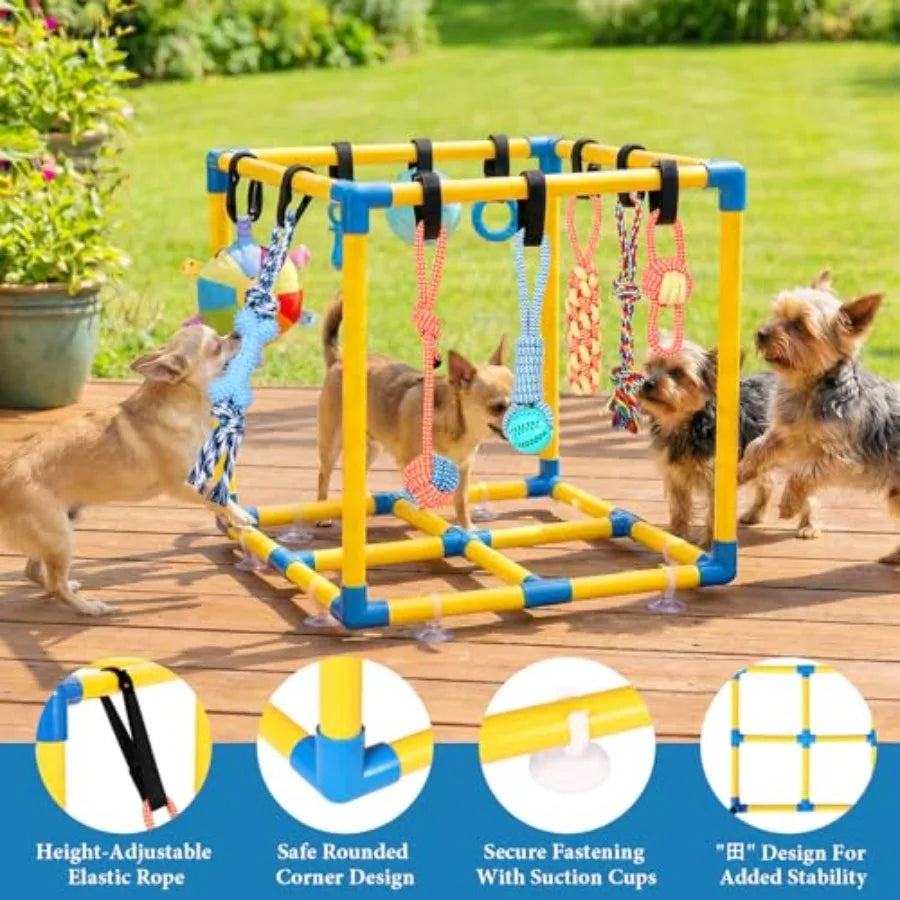 Puppy Play Gym for Small Dogs with 10 Hanging Toys Removable Indoor Jungle Gym PVC Frame with Adjustable Bungee Straps