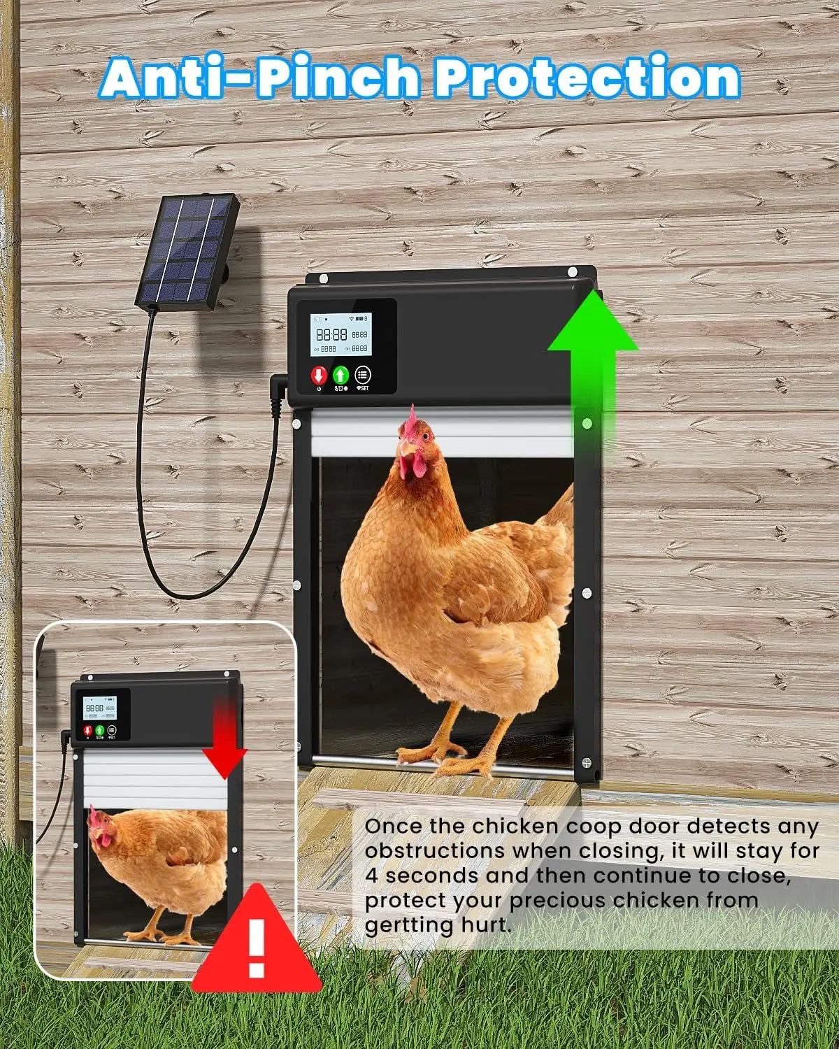 WiFi remote control automatic chicken coop door opener solar powered with 8000mAh battery, timing and light sensor settings