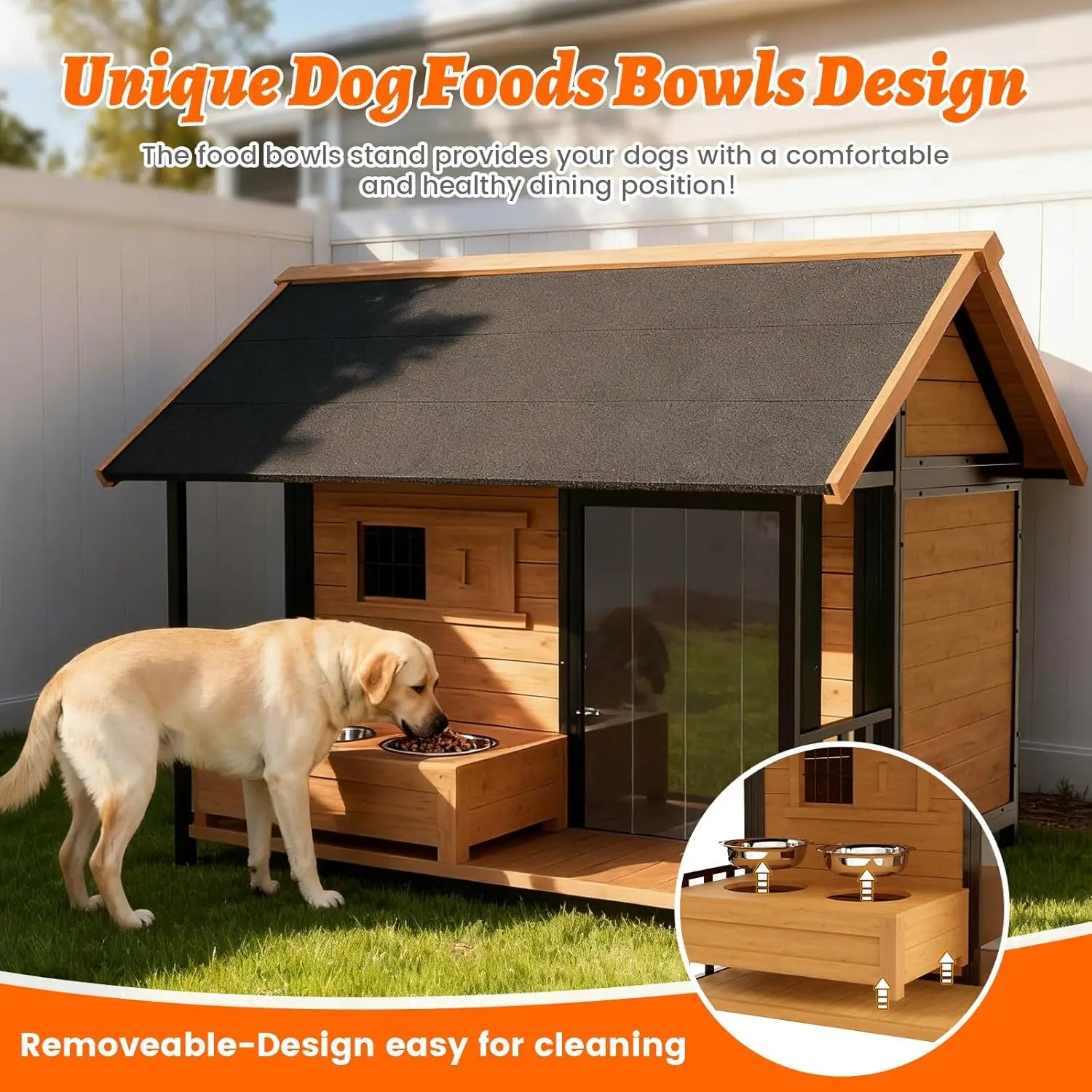 Dog House with Insulated Liner and Dog Bowls Stand, Large Heated Outdoor Dog Kennel Keep Warm in Winter