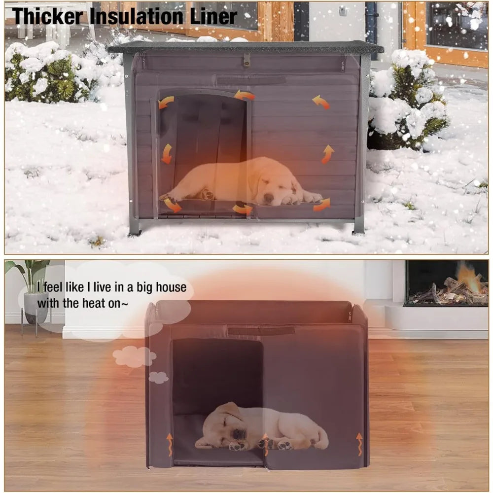 Winter, Outdoor Dog Kennel with Insulated Liner, Heater Puppy Shelter with Anti-Bite Iron Frame
