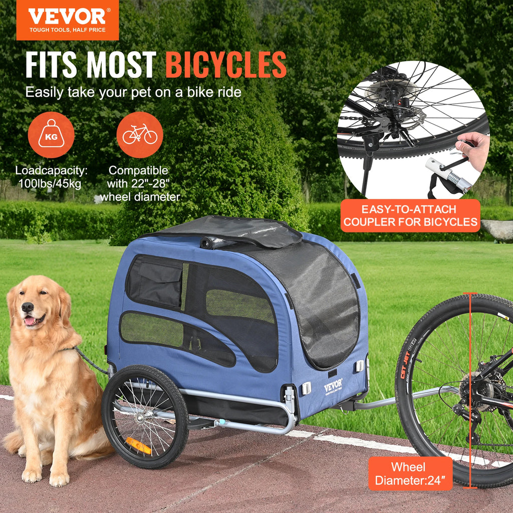 100lbs Pet Cart Bicycle Trailer with Coupler, Reflectors, Flag, Collapsible to Store for Dogs Travel