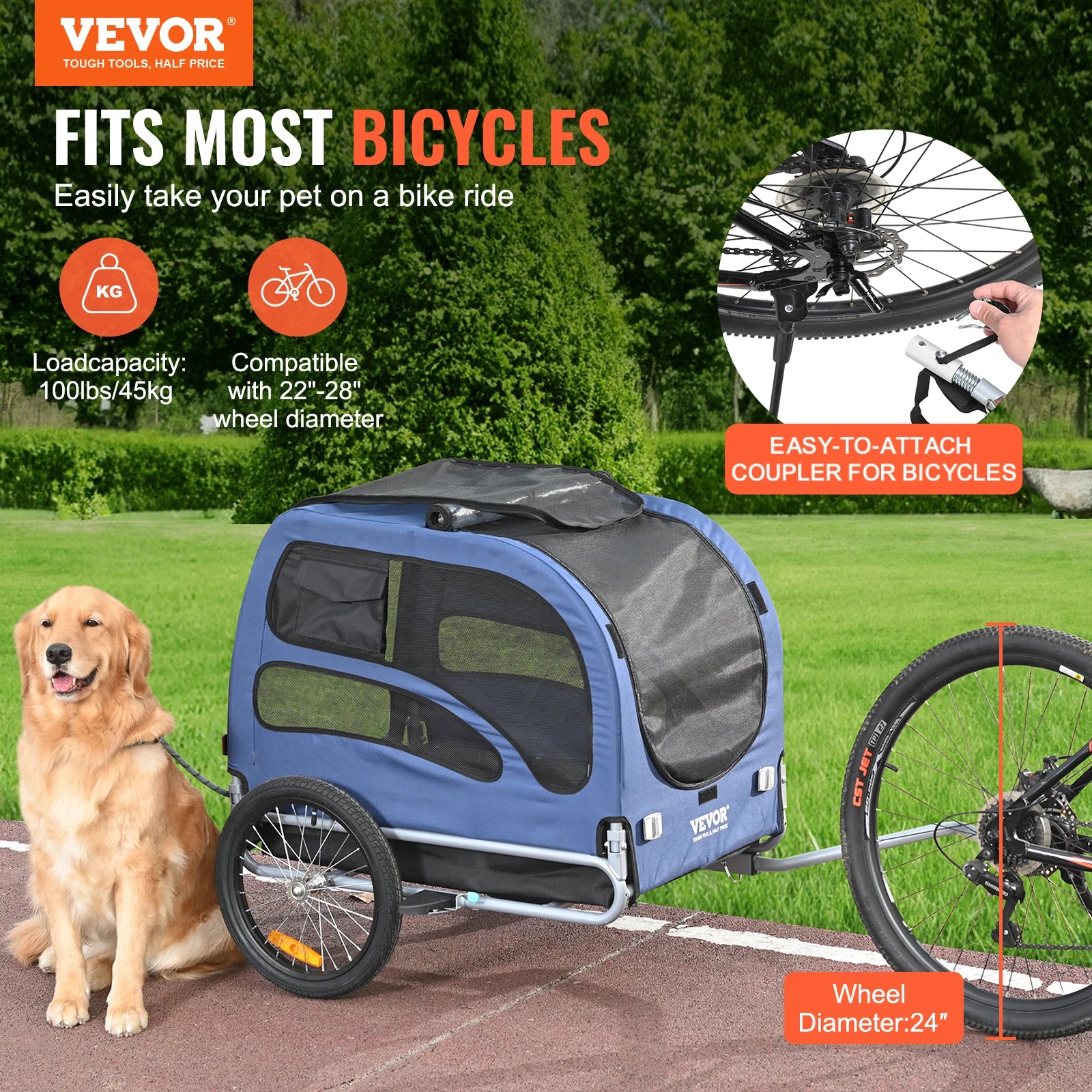 100lbs Pet Cart Bicycle Trailer with Coupler, Reflectors, Flag, Collapsible to Store for Dogs Travel