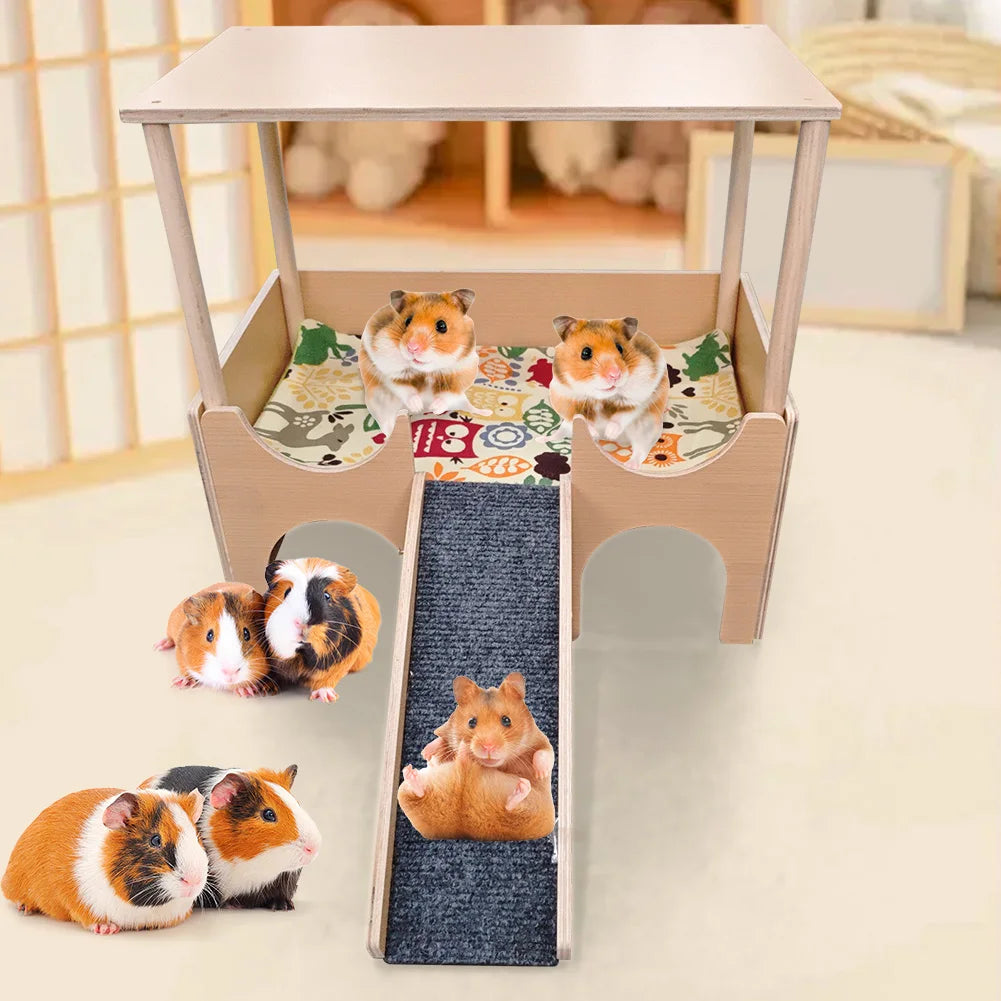 2-Tier Guinea Pig Hideout Wooden Guinea Pigs House with Stairs Habitat Hut