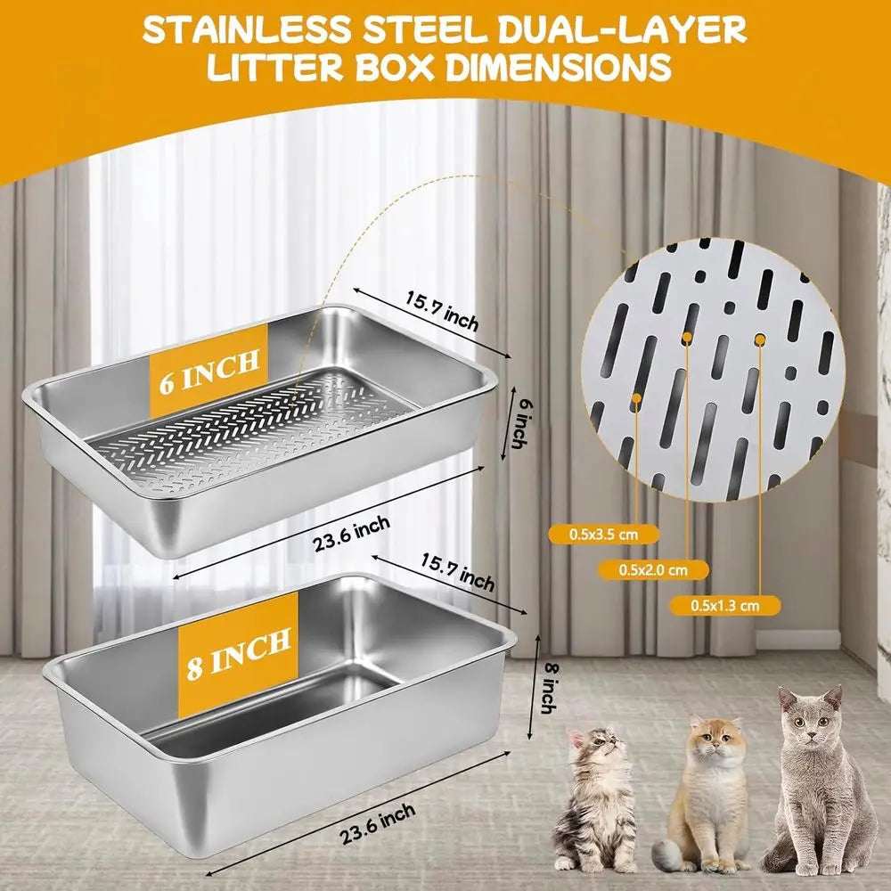 XXL Stainless Steel Sifting Cat Litter Box, 23.6x15.7x8, Large Metal Pan for Pine Pellets