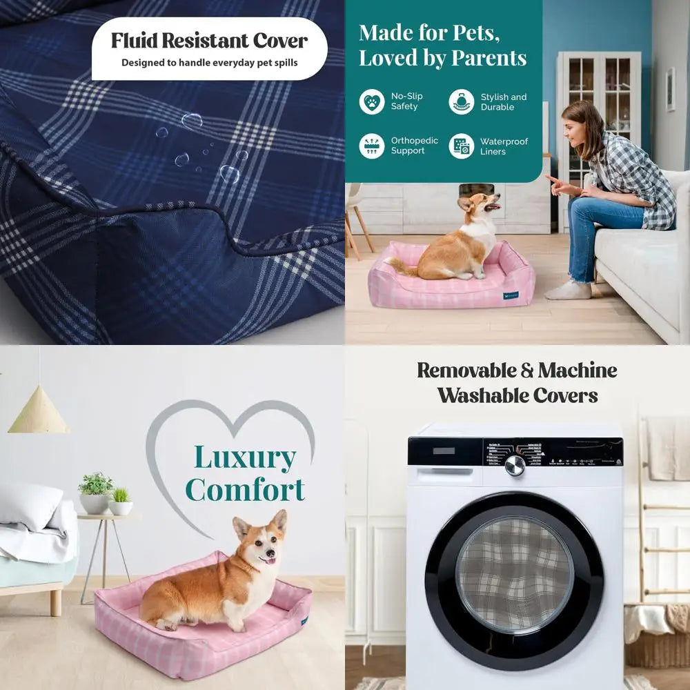 Eco-Friendly Orthopedic Bolster Dog Bed - Recycled Polyester, Washable Cover, Anti-Slip, Medium Pink