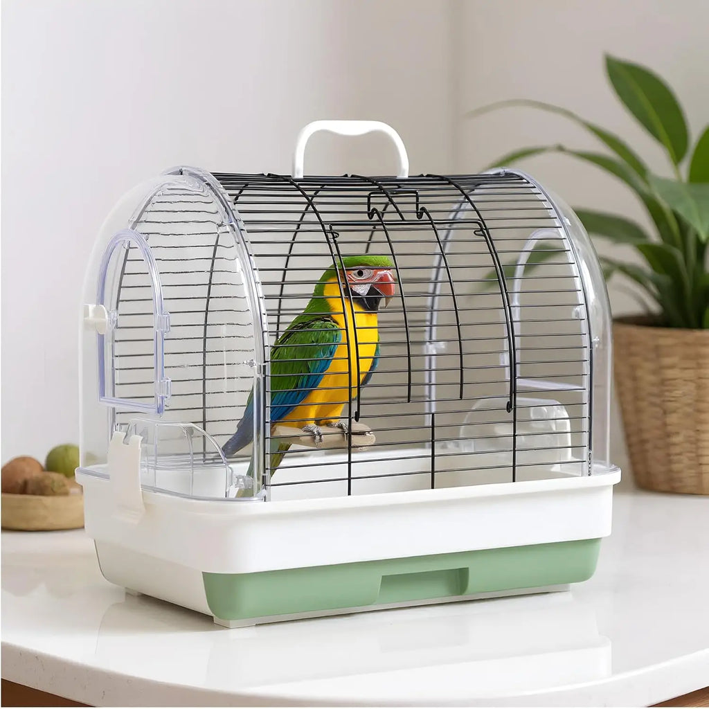 Portable Bird Cage Carrier, Travel Parrot Cage with 2 Perches, 2 Food Bowls and Tray Metal Parakeet Cages