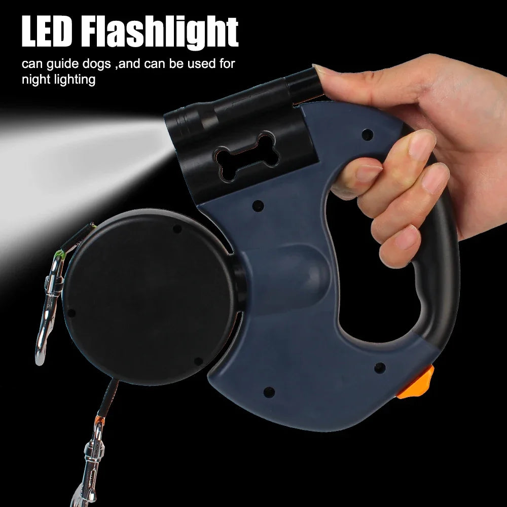 3m Dual Dog Leash With Flashlight Waste Bag Box Double-Ended Traction Rope Dogs Strap Auto Retractable
