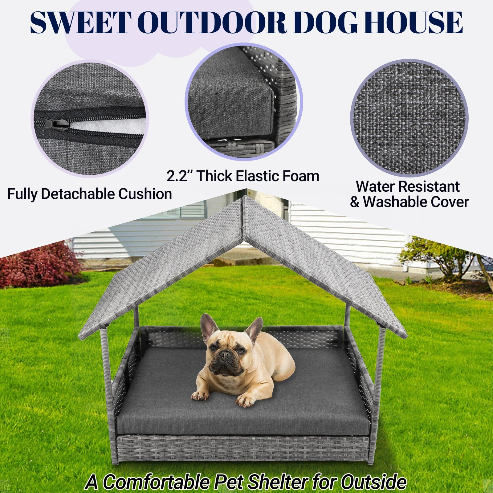 Wicker Dog House, Elevated Rattan Dog Bed with Canopy, Large Dog House Outdoor with Water Resistant Cushion