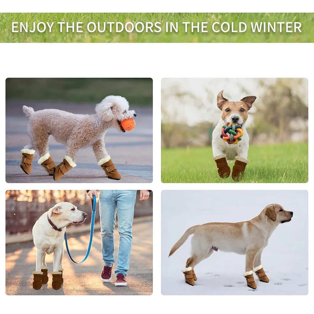 Dog Boots Fleece Dog Shoes for Small Dogs Anti-Slip Sole Winter Snow Booties for Outdoor Walking Running