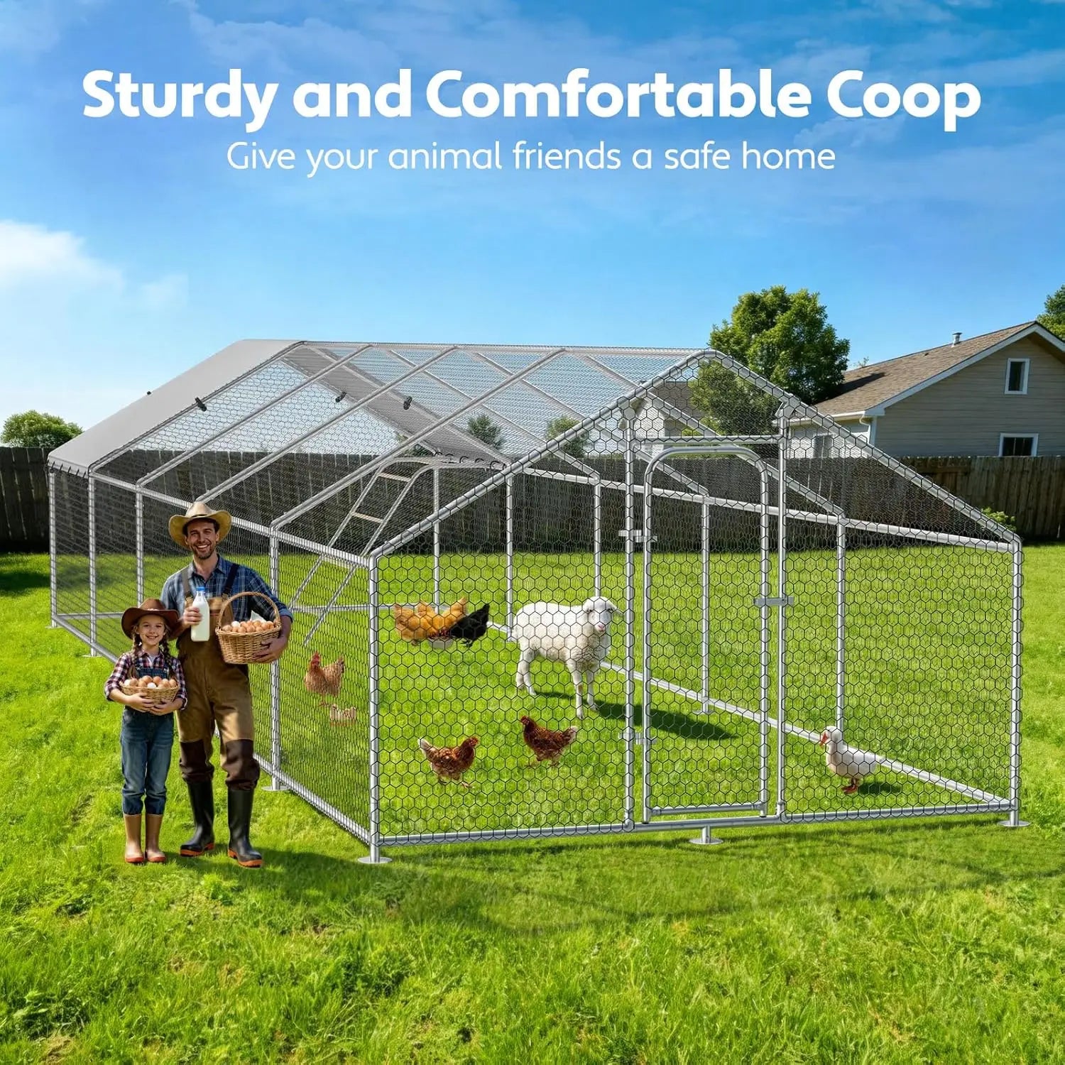 Large Metal Chicken Coop with Roosting Perch, Waterproof and UV-Resistant Cover, Outdoor Walk-in Cage Hen House