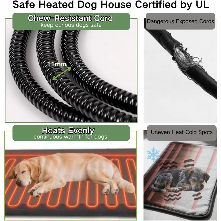 Heated Dog House Outdoor with Heating Pad Weatherproof Large Dog Kennel with Anti-Chewing Iron Frame