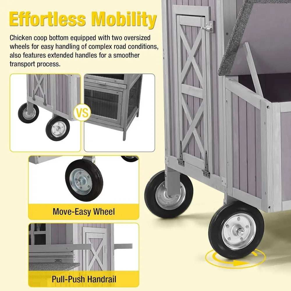 Outdoor Mobile Hen House with Large Wheels - Durable Wooden Cage for 3 Nesting Boxes or 2-6 Chickens,