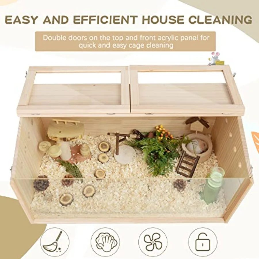 Large 31 Wooden Guinea Pig Cage with Transparent Acrylic Panel for Dwarf and Syrian Hamsters Top Opening