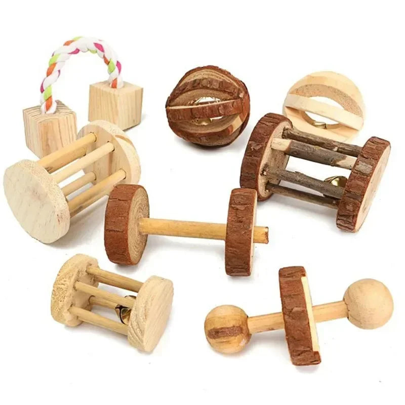 New Cute Rabbit Roller Toys Natural Wooden Pine Dumbells Unicycle Bell Chew Toys