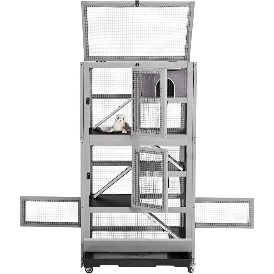 Large Ferret Cage with 5 Levels Wooden Chinchilla Cage with Wheels Multi-Level with Ramp Hideout Pull-Out Tr