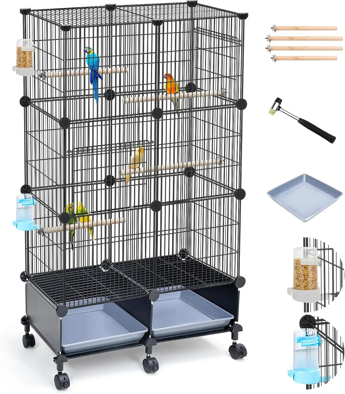 46-Inch Spacious Cage with Wooden Perches, Slide-Out Tray, Water Bottle & Feeder for Parrots and Small Birds