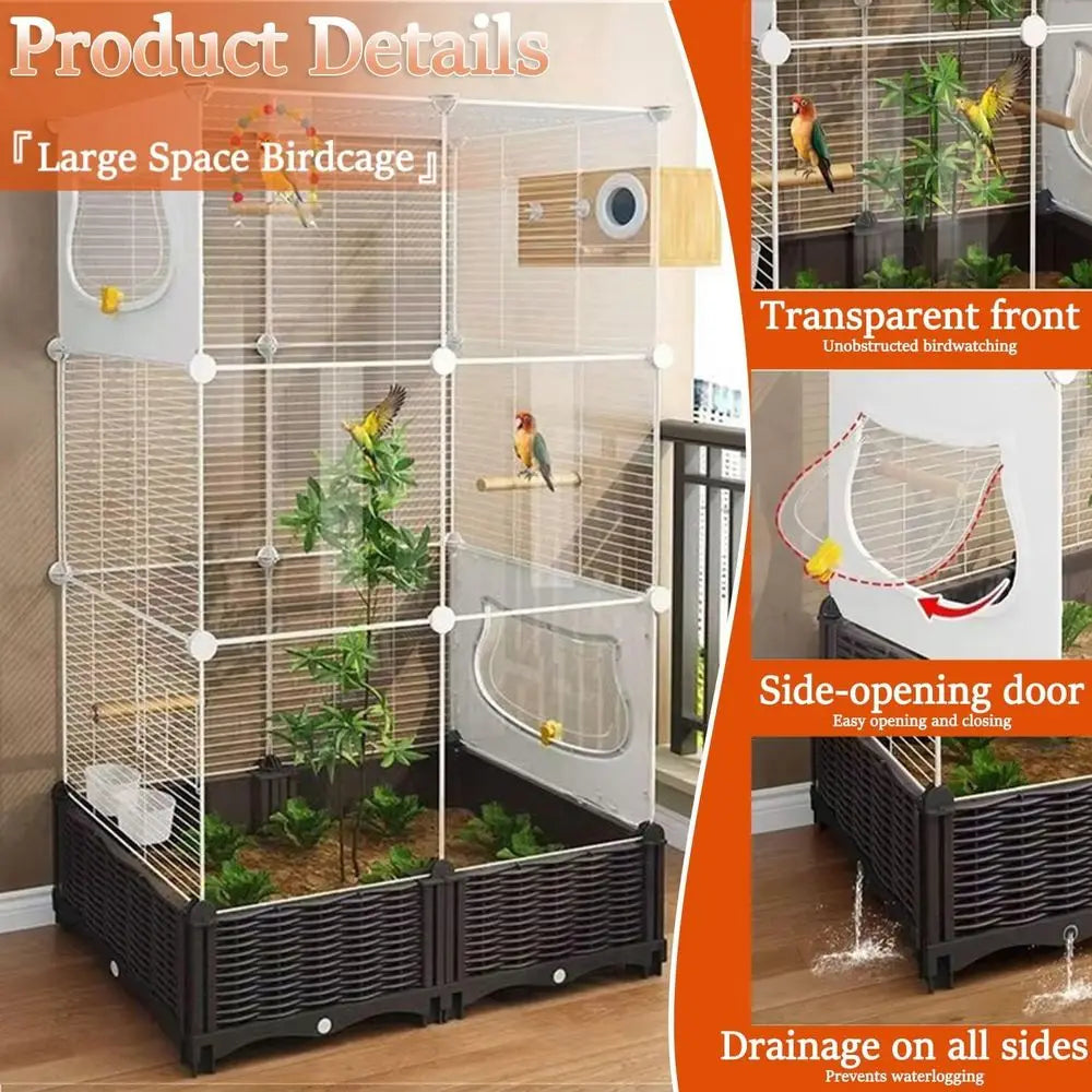 Home Acrylic Large Bird Cage, with Plant Box, Horizontal Wire Mesh, White, 29.1