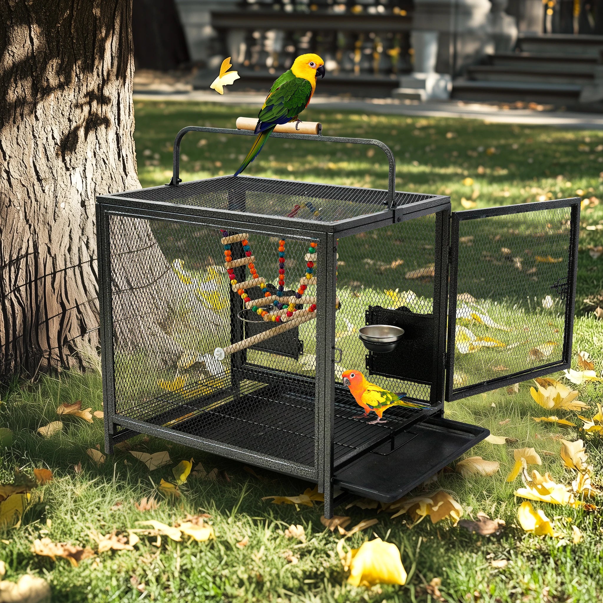 56cm Tall Metal Bird Cage Playpen with Hammock Toy and Perch, Removable Tray, Bowl for Parrot Parakeet Travel Carrier Cage
