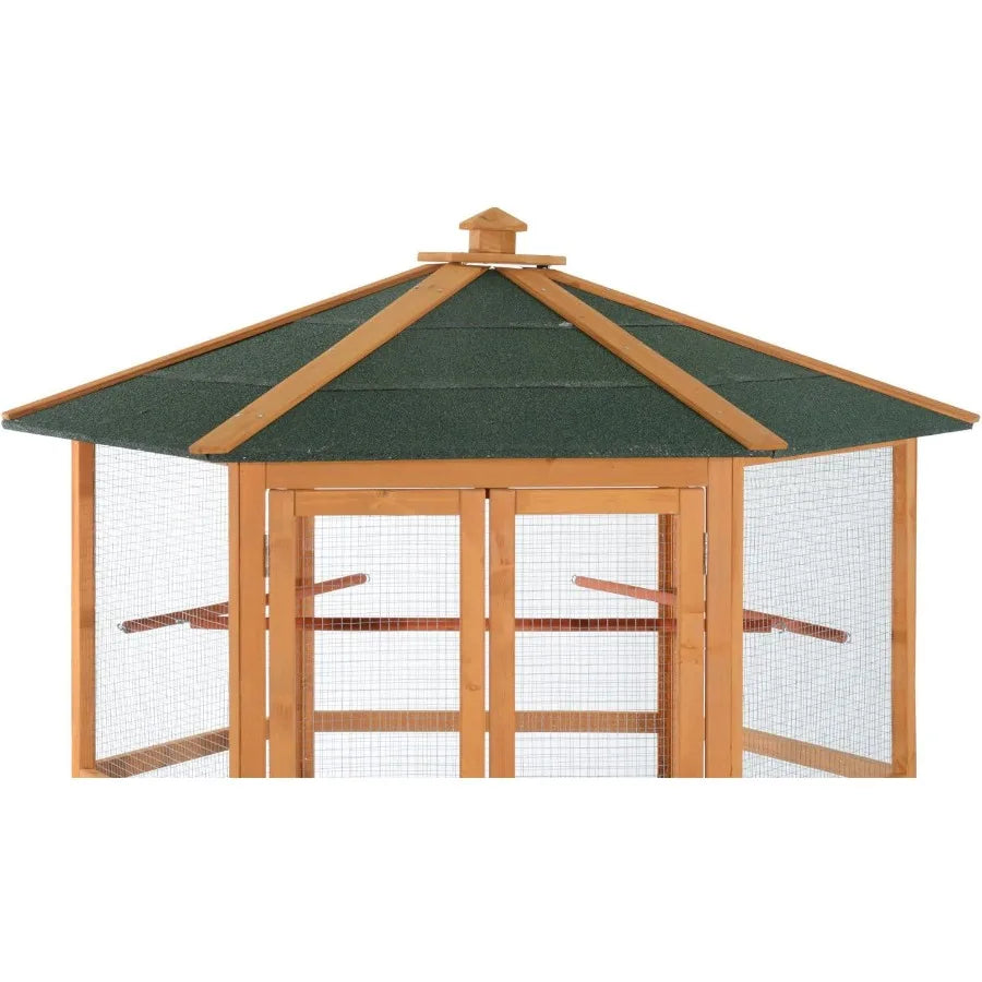 69 Large Wooden Hexagonal Outdoor Aviary Flight Bird Cage with Covered Roof Ideal for Backyard Bird Enthusiasts