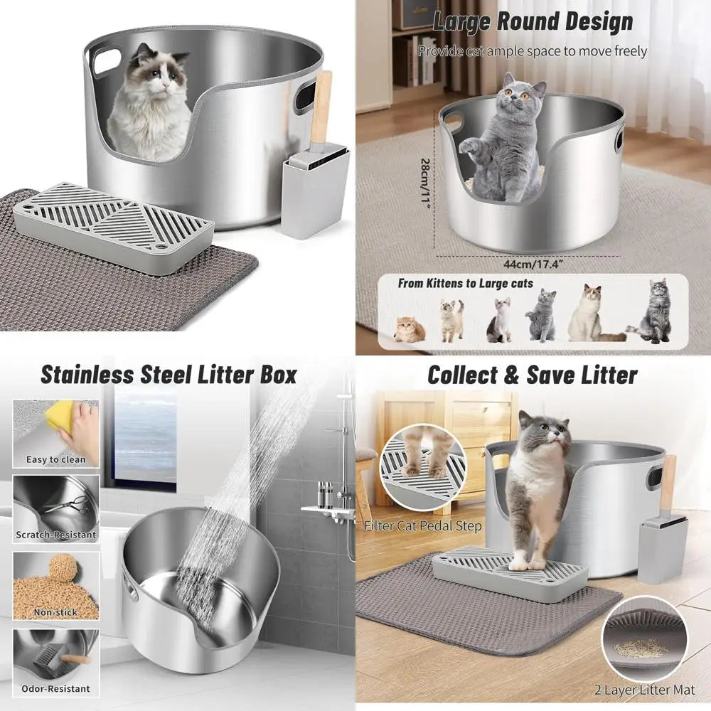 High-Sided Stainless Steel Cat Litter Box with Scoop, Filter Pedal, and Litter Mat for Easy Clean-Up