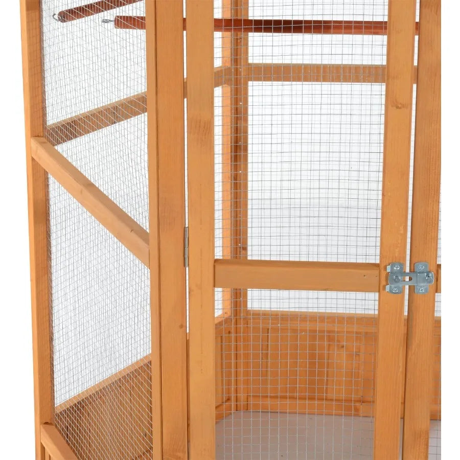 69 Large Wooden Hexagonal Outdoor Aviary Flight Bird Cage with Covered Roof Ideal for Backyard Bird Enthusiasts