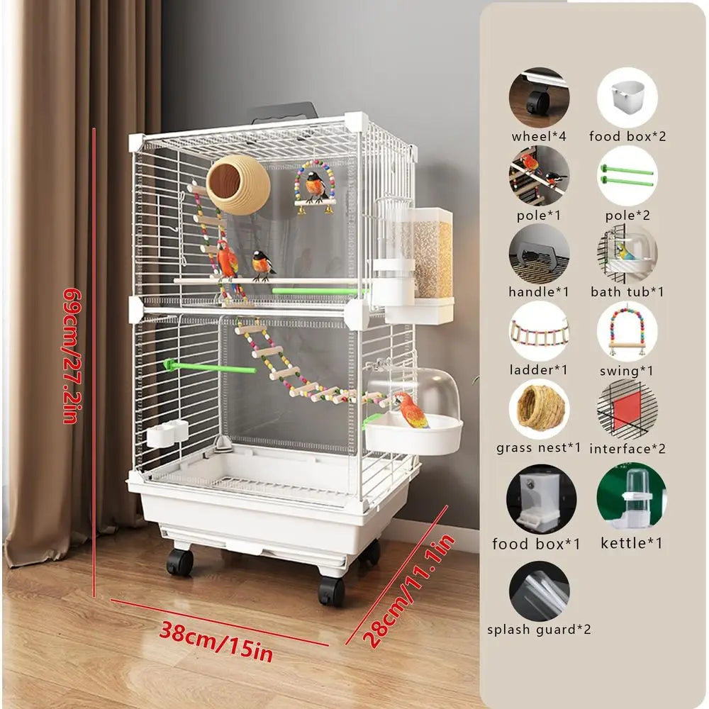 Large Parrot Cage with Acrylic Doors, 3-Tier Movable Birdcage Parakeet Cage w/Wheels, 360° View Spacious Interactive Bird House,