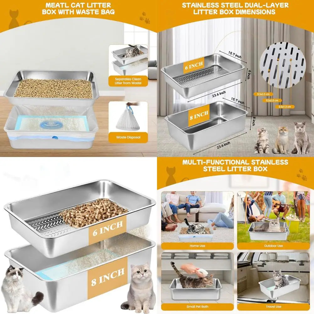 XXL Stainless Steel Sifting Cat Litter Box, 23.6x15.7x8, Large Metal Pan for Pine Pellets