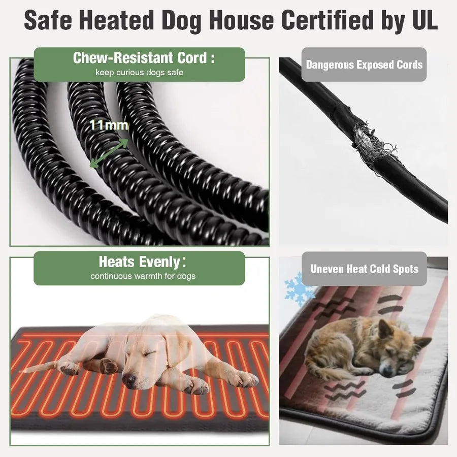 Heated Dog House Heating Pad Weatherproof Outside with Anti-Chewing Iron Frame for Winter