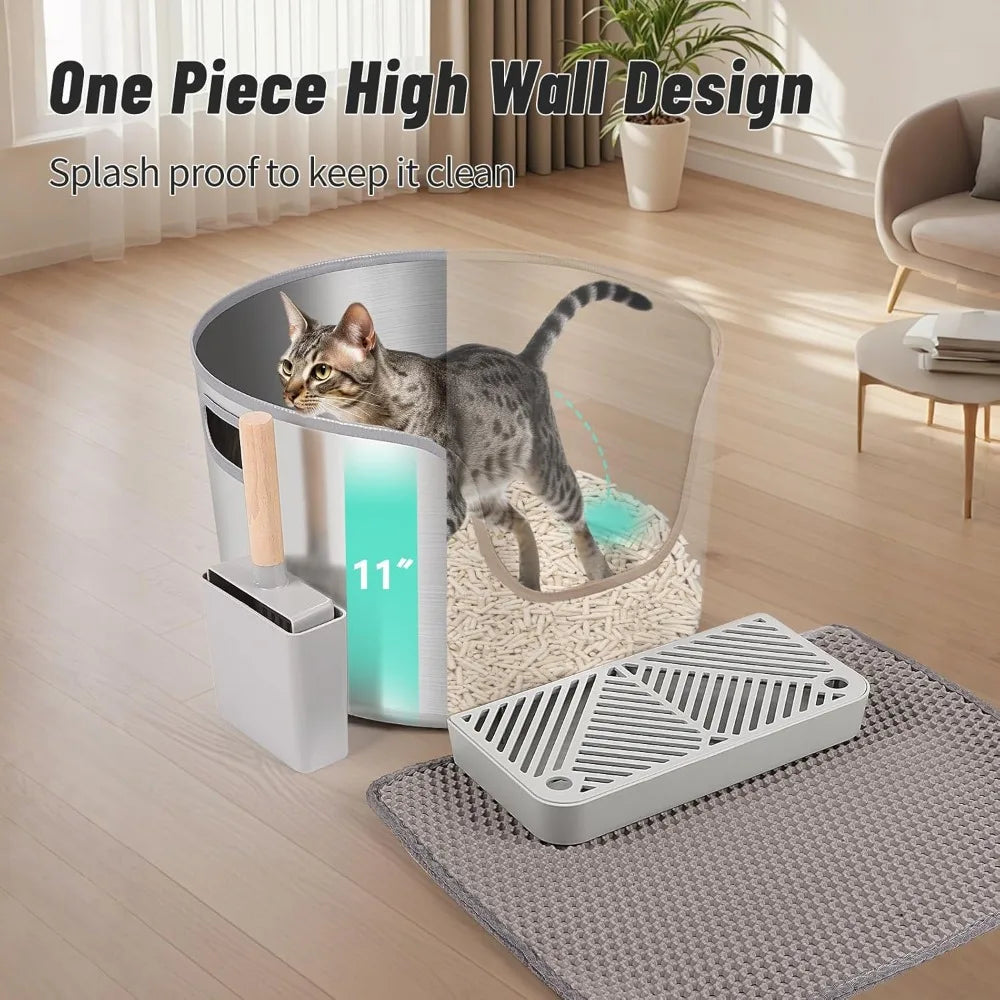 High-Sided Stainless Steel Cat Litter Box with Scoop, Filter Pedal, and Litter Mat for Easy Clean-Up