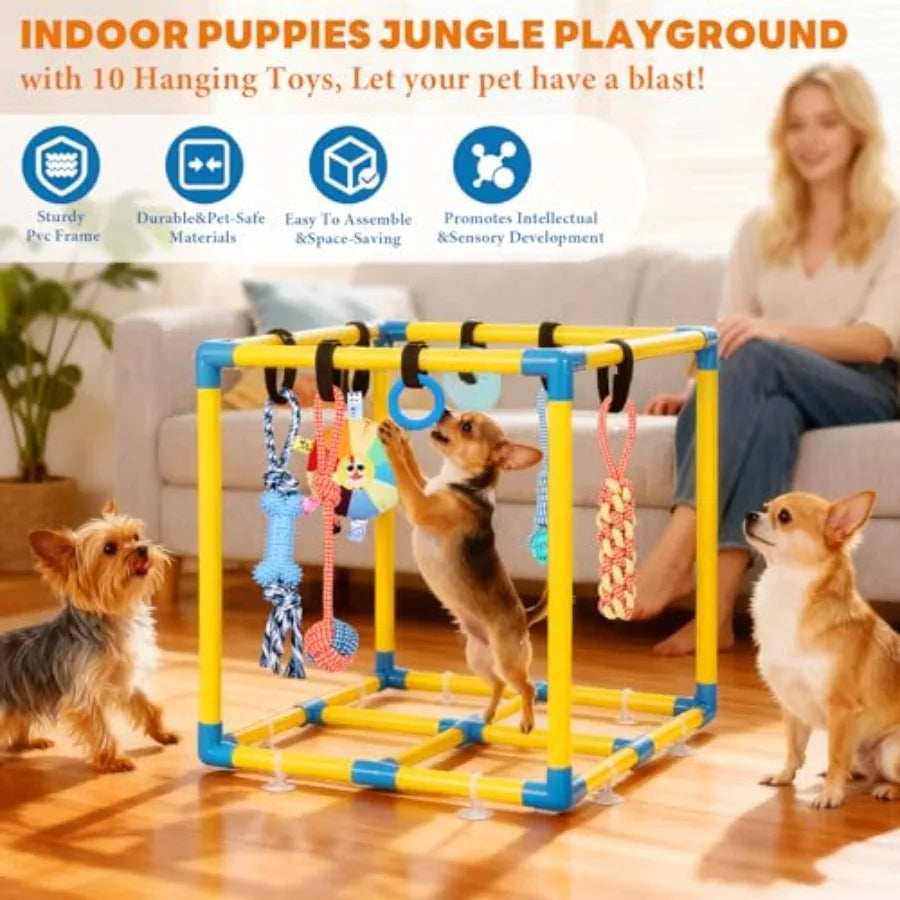 Puppy Play Gym for Small Dogs with 10 Hanging Toys Removable Indoor Jungle Gym PVC Frame with Adjustable Bungee Straps