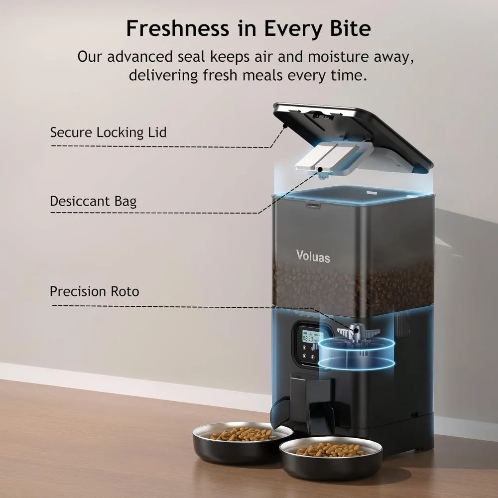 Automatic Cat Feeder for Two Cats, Double Pet Feeder with 2 Stainless Steel Bowls,6L Timed Feeders with Memory Function