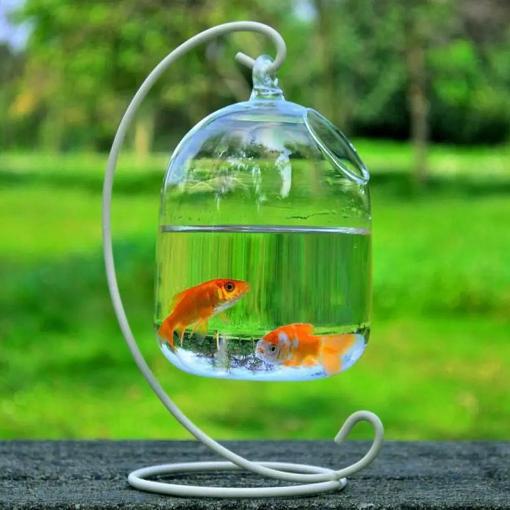 Round/Rectangle Shape Hanging Glass Aquarium Fish Tank Fish Bowl Transparent Vase Ornament With Rack Holder