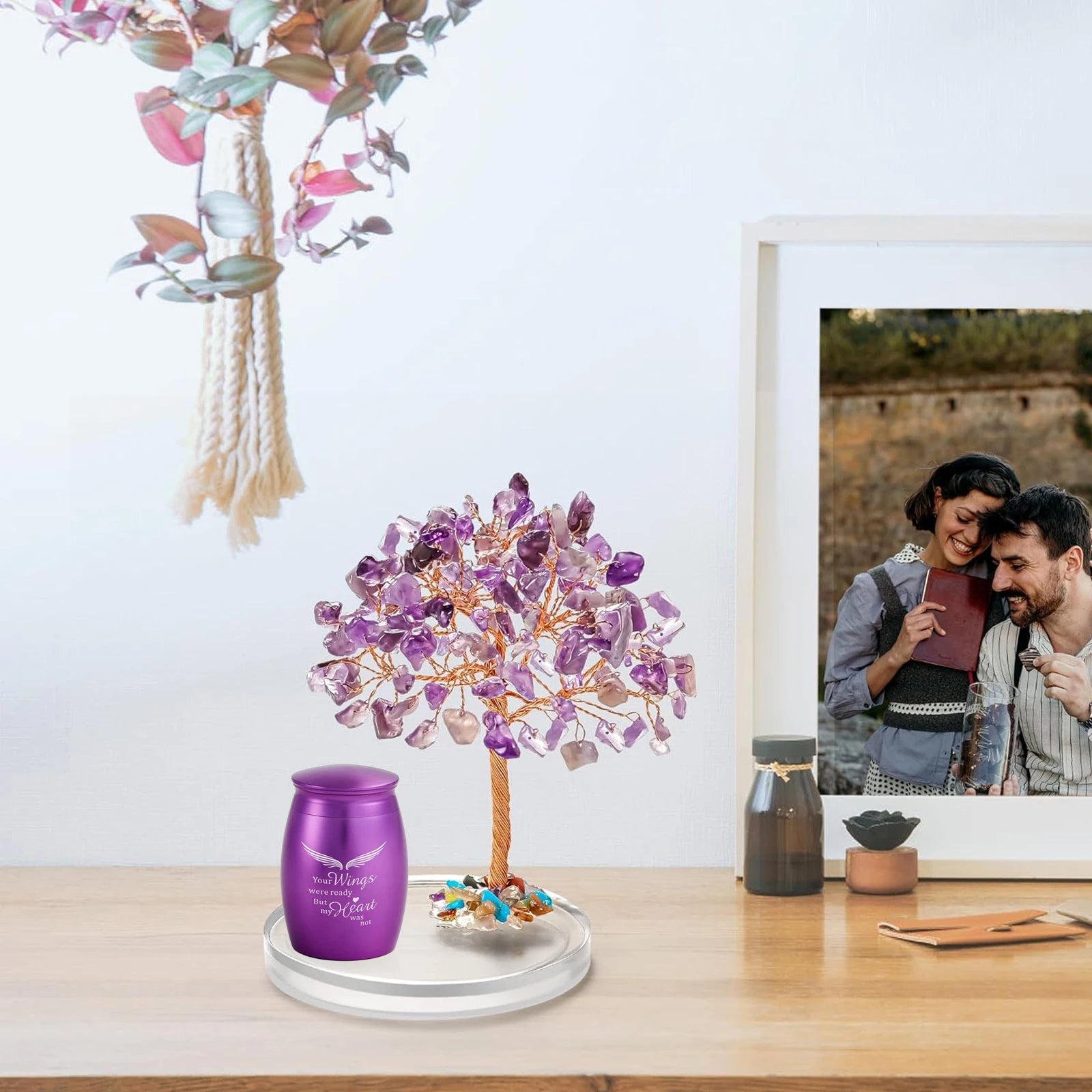 Small Urns for Ashes Keepsake Set of 2, Angel Wings Mini Urn Amethyst Crystal Tree