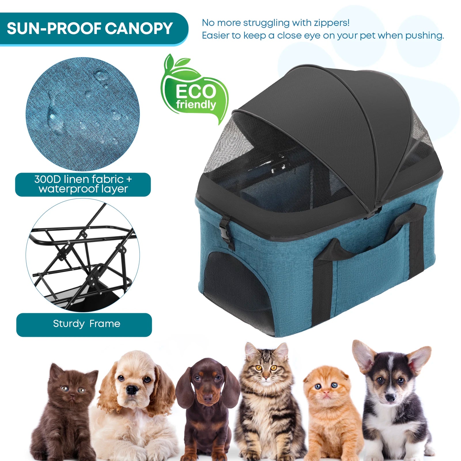 Canopy 4 Wheels Pet Strolling Cart for Small/Medium Dogs and Cats with Removable Carrier