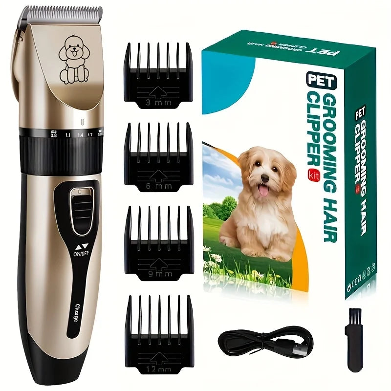 Low-noise professional USB rechargeable pet grooming tool set, equipped with thickened ceramic blades and 4 different blade head