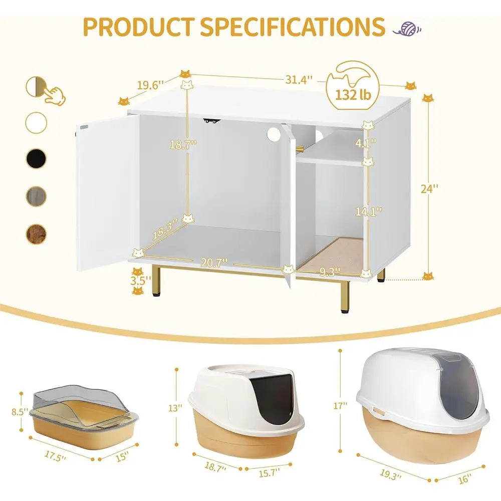 Hidden Cat Litter Box Cabinet with Storage Modern White and Gold Living Room Furniture