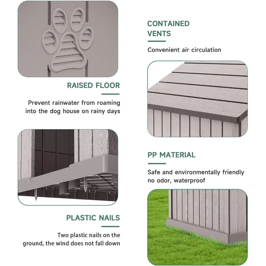 Dog House Outdoor Indoor Dog Kennel Weatherproof Resin Shelter with Air Vents and Elevated Floor for Small Medium Large