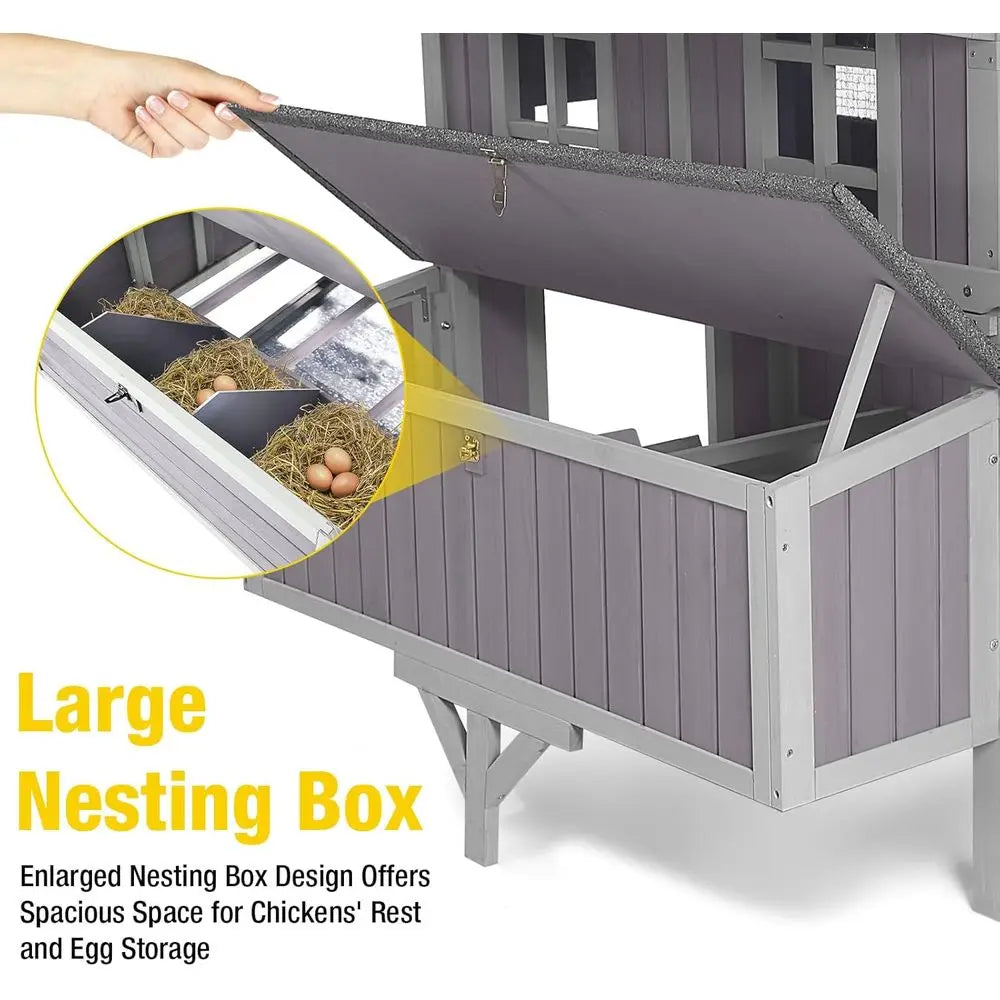 Outdoor Mobile Hen House with Large Wheels - Durable Wooden Cage for 3 Nesting Boxes or 2-6 Chickens,