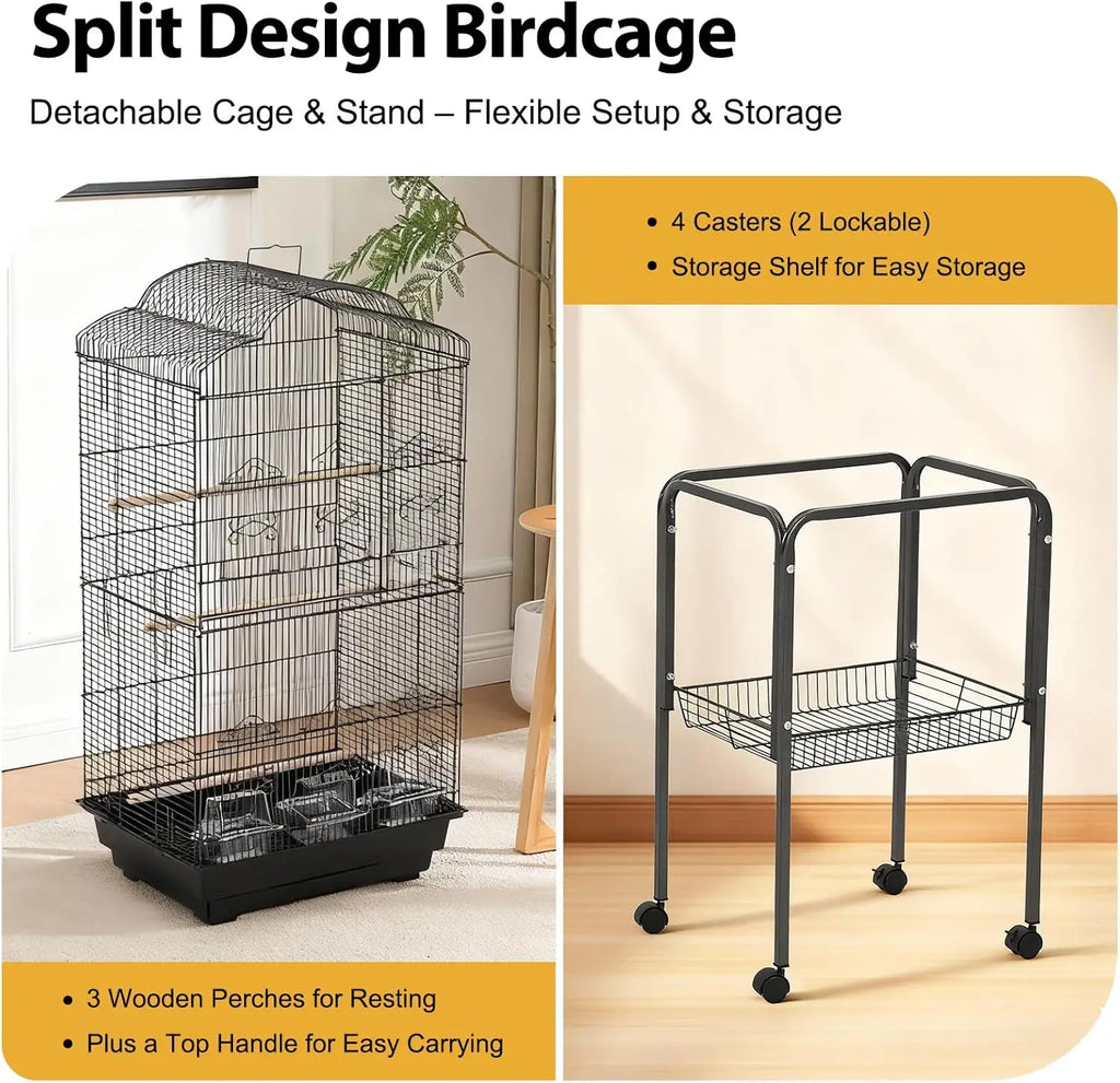 All-in-One Multi-Level Parrot Habitat – 60" Cage on Mobile Stand with Storage, Easy-Clean Tray & Multiple Feeder Doors